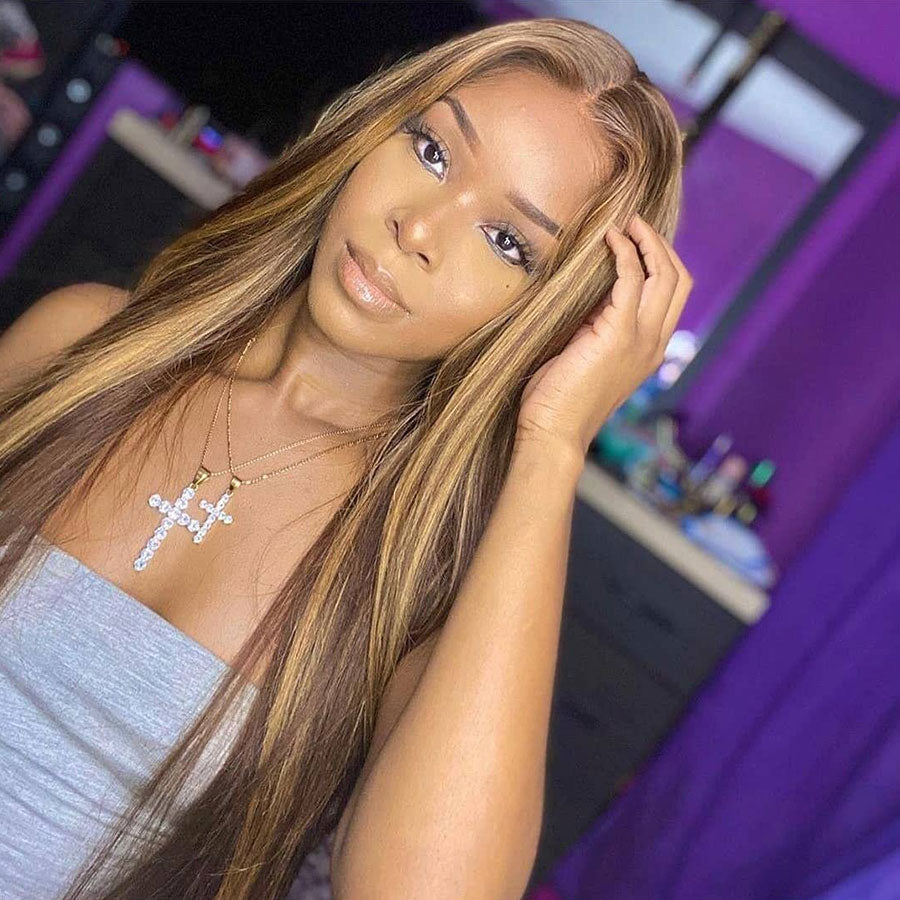 Highlight Wig Human Hair 30 Inch Straight Lace Front Wig Ombre Colored Bone Straight Human Hair Wigs #4/27 T Part Nature Color