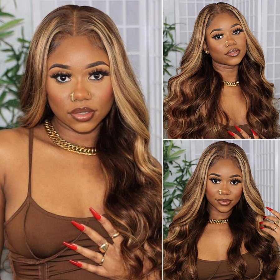 32 Inch Body Wave Lace Front Wig Highlight Wig Human Hair 250 Density Lace Front Human Hair Wigs Colored  Human Hair Wigs T Remy