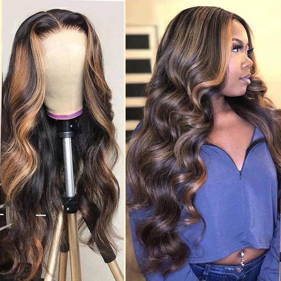32 Inch Body Wave Lace Front Wig Highlight Wig Human Hair 250 Density Lace Front Human Hair Wigs Colored  Human Hair Wigs T Remy