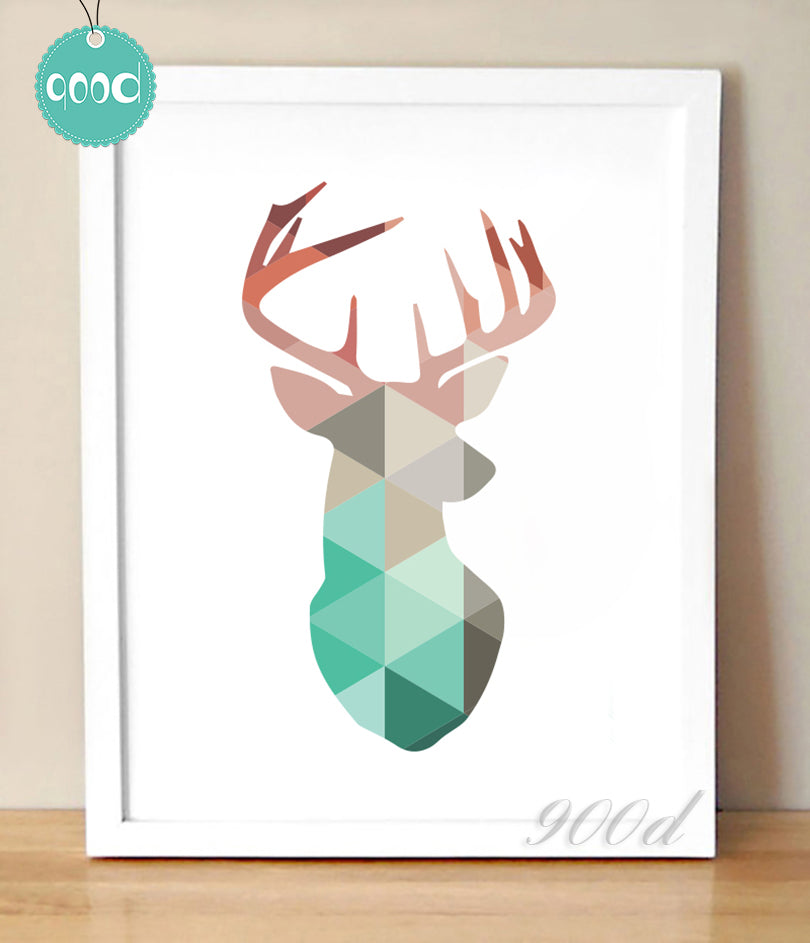 Geometric Coral Deer Head Canvas Art Print Poster, Mint Deer Wall Pictures for Home Decoration, Wall Art Decor FA237-13