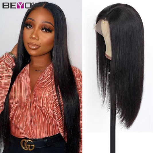 Glueless Straight Lace Front Wig 250 Density Bone Straight Transparent Lace Frontal Wigs Human Hair T Part Wig for  Women  Remy