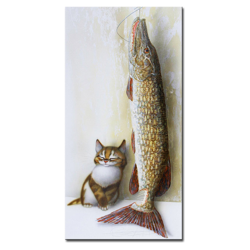 Vladimir Rumyantsev stay with fish by cat world oil painting wall Art Picture Paint on Canvas Prints wall painting no framed