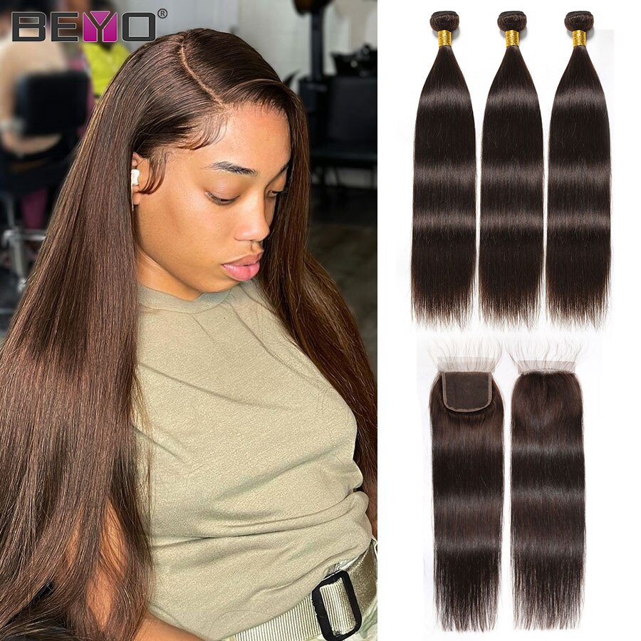 Straight Bundles with Frontal  Dark Brown Lace Frontal and Bundles  Brazilian Straight Human Hair Bundles with Frontal Remy Hair