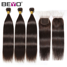 Load image into Gallery viewer, Straight Bundles with Frontal  Dark Brown Lace Frontal and Bundles  Brazilian Straight Human Hair Bundles with Frontal Remy Hair
