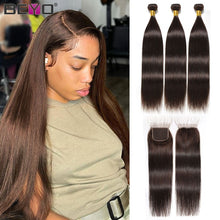 Load image into Gallery viewer, Straight Bundles with Frontal  Dark Brown Lace Frontal and Bundles  Brazilian Straight Human Hair Bundles with Frontal Remy Hair
