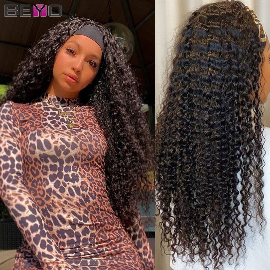 180% Density Kinky Curly Headband Wig Human Hair Wigs For Black Women Brazilian Kinky Curly Wig No Gel Glueless Human Hair Wigs