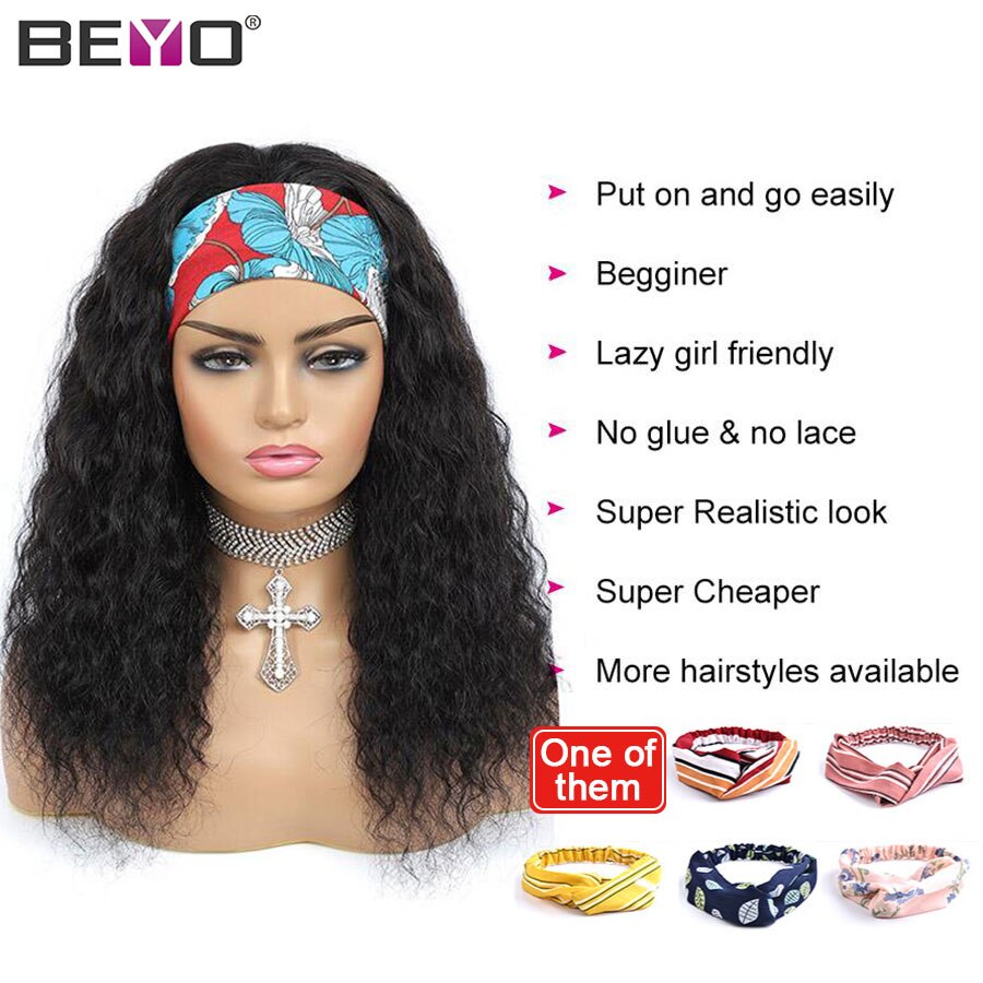 Water Wave Headband Wig Human Hair Wigs For Black Women Brazilian Scarf Wig Glueless Remy Curly Human Hair Wig 150 180 density