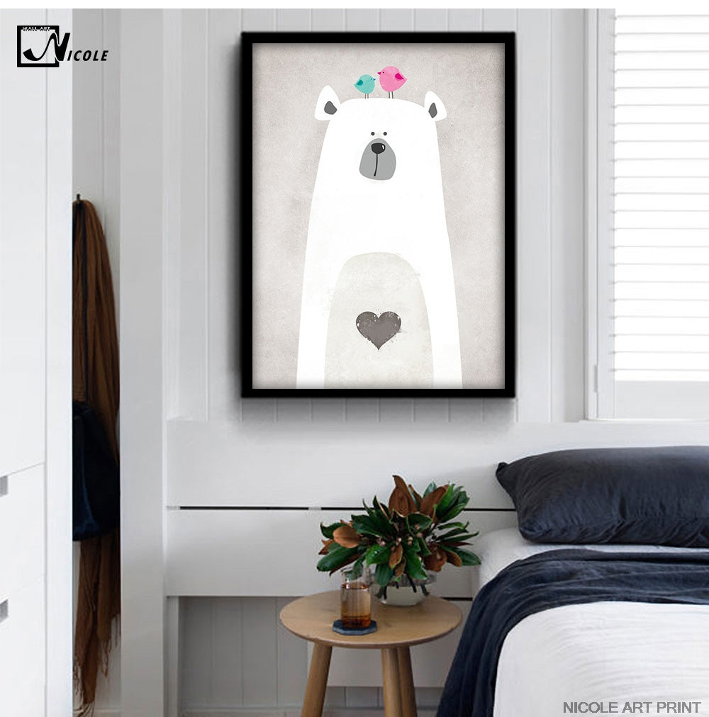 Nordic Art Polar Bear Hippo Canvas Poster Minimalist Painting Cartoon Modern Nursery Picture Home Children Room Decoration