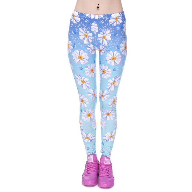 Elasticity Daisy Blue Ombre Printed Fashion Slim fit Legging Trousers Casual Polyester Pants