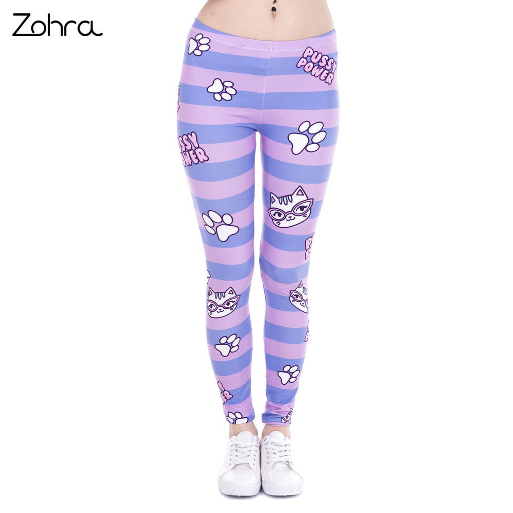 Women Leggings Pusy Power Pink Stripes Printing Cats Fitness Legging High Waist Stretch