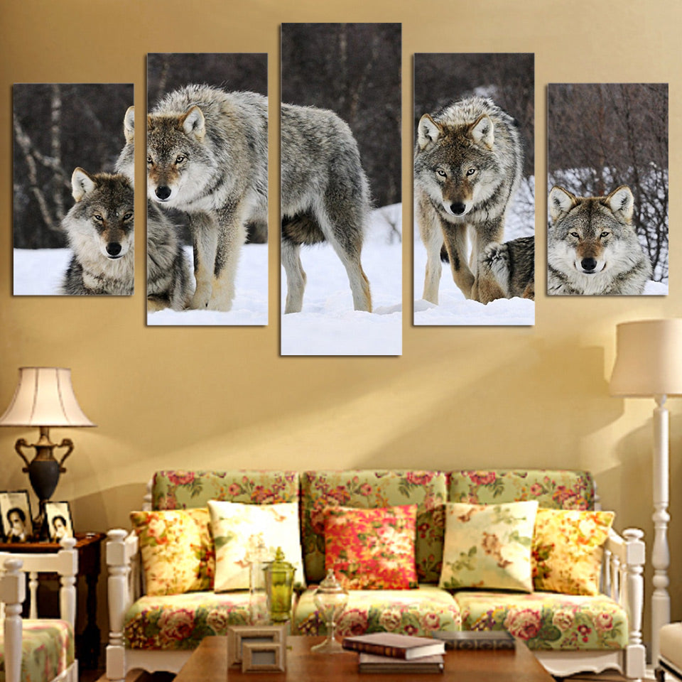 HD Printed 5 piece canvas art wolf snow wild animal painting livingroom decoration wall art Free shipping/ny-2808