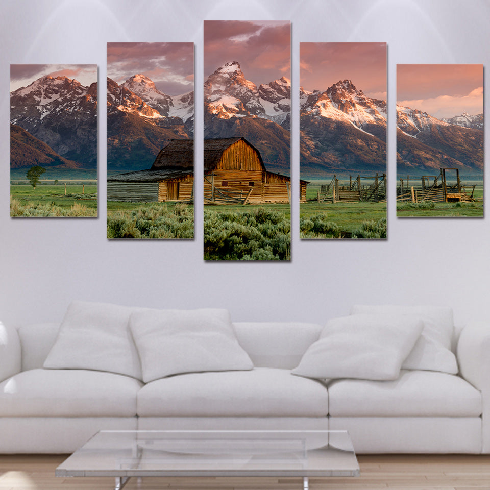 HD print 5 piece landscape canvas painting barn rocky mountains  5 piece paintings  Free shipping/NY-6343