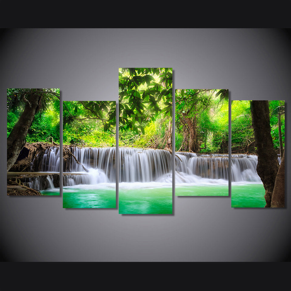 HD Printed 5 piece canvas green waterfall tree scenery modular pictures on the wall Free shipping/NY-493