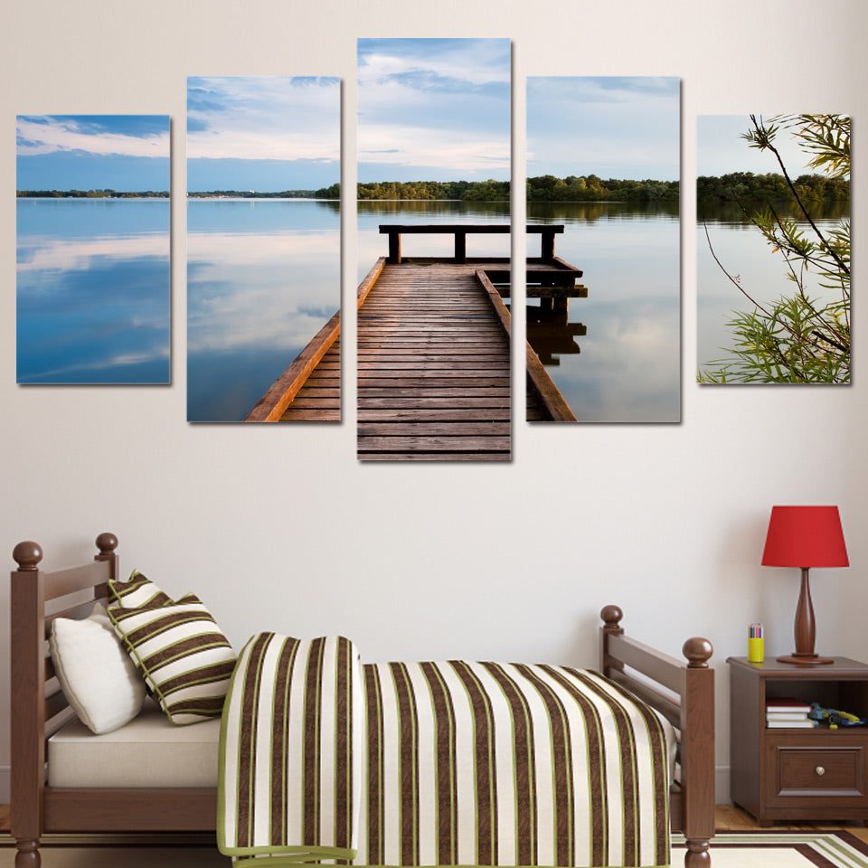 HD Printed 5 piece wall art picture for living room decoration lake forest wooden bridge wall art canvas painting ny-6134