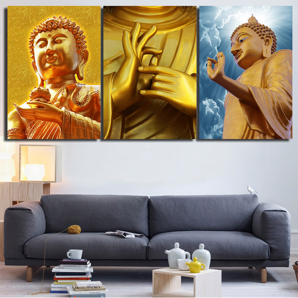 HD print 3 piece buddha canvas golden buddha wall art Painting Zen canvas painting Free shipping/NY-6350