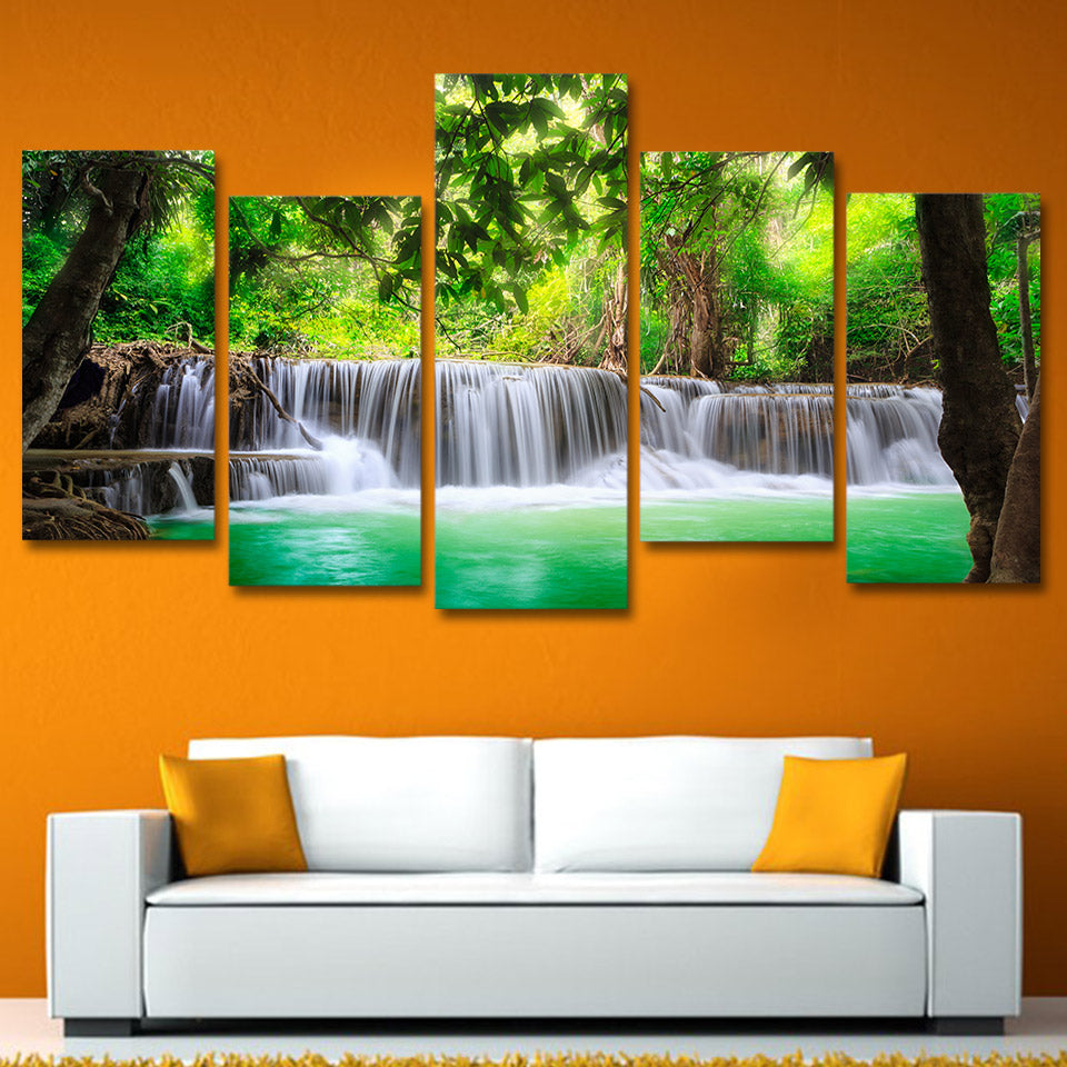 HD Printed 5 piece canvas green waterfall tree scenery modular pictures on the wall Free shipping/NY-493