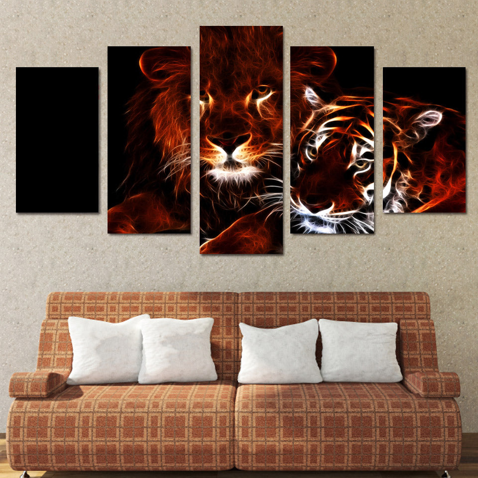 HD Printed glowing lion and tiger poster 5 pieces Group Painting room decor print poster picture canvas Free shipping/ny-821