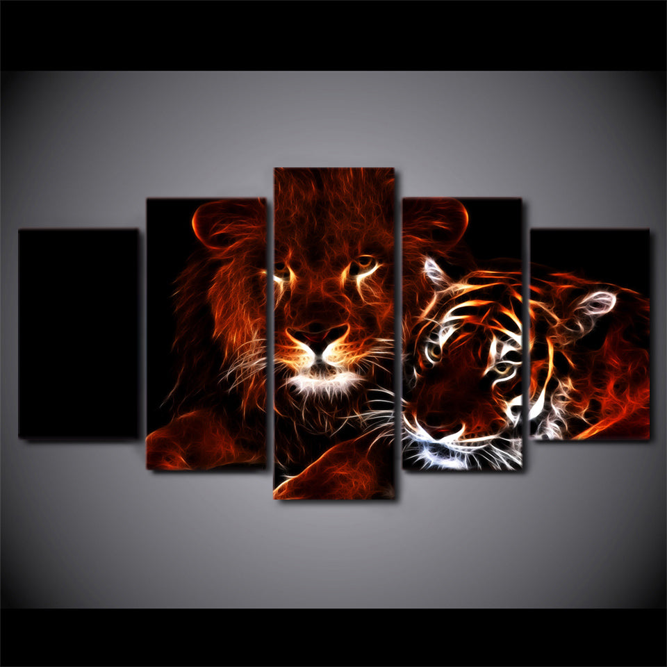 HD Printed glowing lion and tiger poster 5 pieces Group Painting room decor print poster picture canvas Free shipping/ny-821