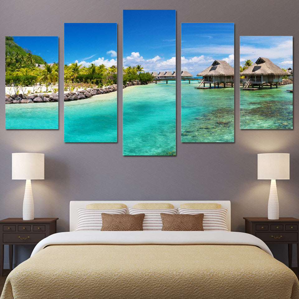5 piece wall art canvas painting HD print seasight seascape beach wooden house sky home decor art print wooden frame ny-6127