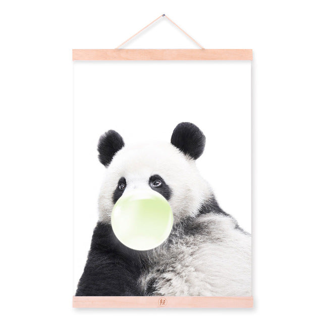 Nordic Kawaii Animal Bubble Panda Giraffe Wooden Framed Canvas Paintin Nursery Kids Room Home Deco Wall Art Print Picture Poster
