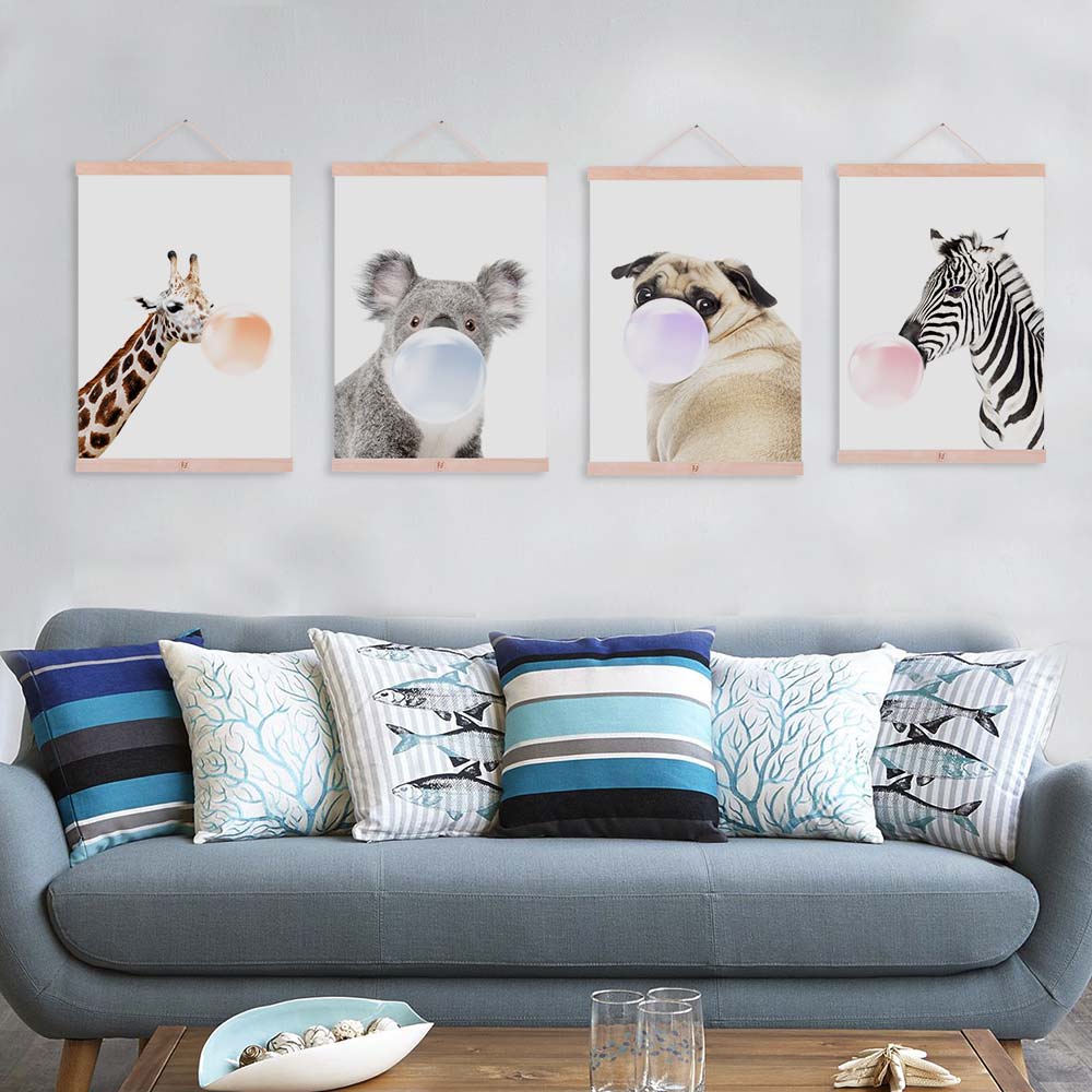Nordic Kawaii Animal Bubble Panda Giraffe Wooden Framed Canvas Paintin Nursery Kids Room Home Deco Wall Art Print Picture Poster