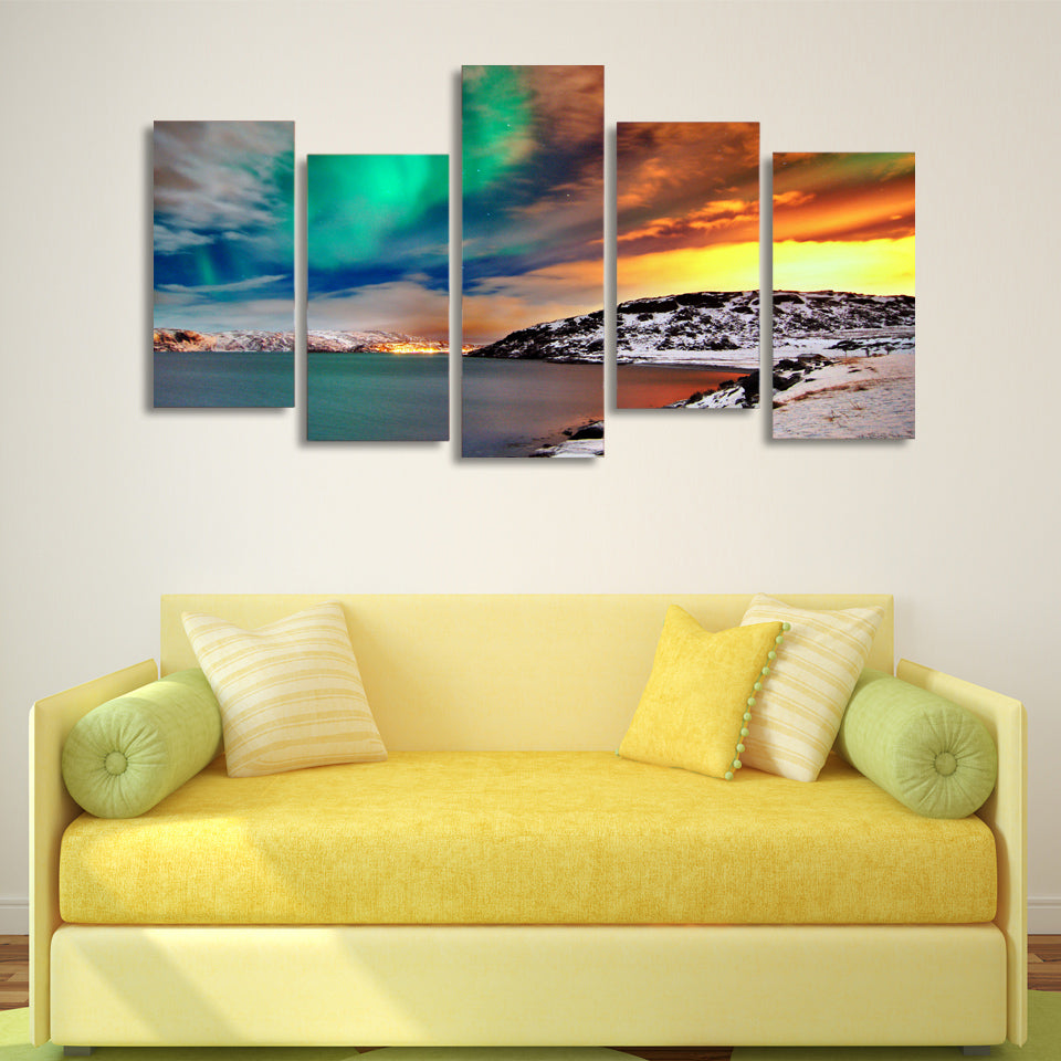 HD 5 piece canvas printed nordic snow mountain Aurora Painting on canvas nordic room decoration Free shipping/ny-6385