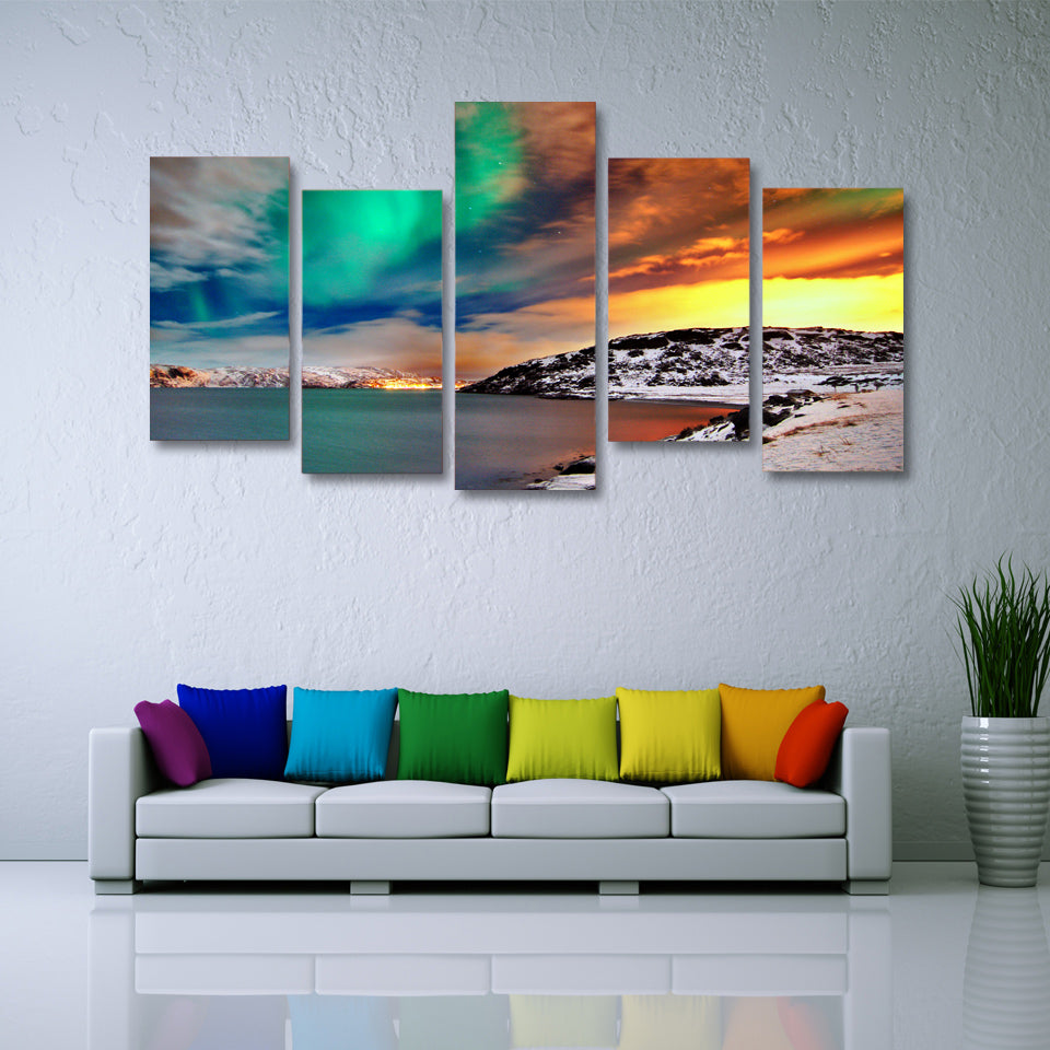 HD 5 piece canvas printed nordic snow mountain Aurora Painting on canvas nordic room decoration Free shipping/ny-6385