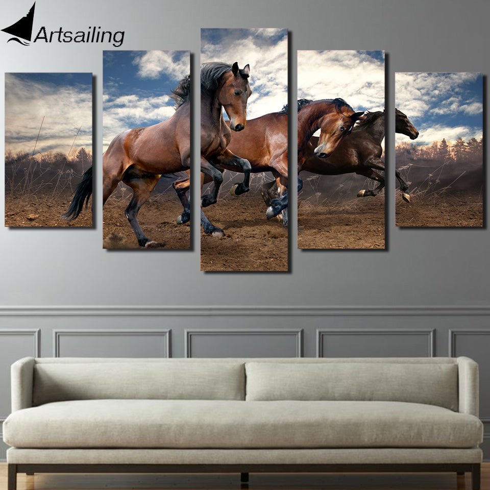 HD Printed Animals running horse 5 piece picture painting wall art Canvas Print room decor poster canvas Free shipping/NY-5723