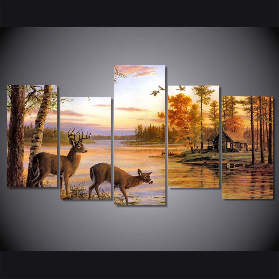 HD Printed 5 piece canvas art deer forest painting antelope to drink water framed canvas painting  Free shipping/ny-4411