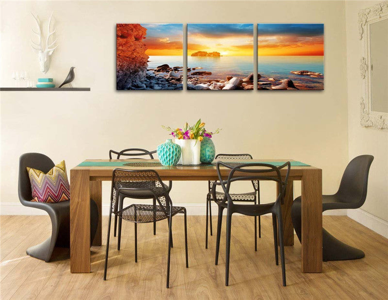 Canvas Print Wall Art Painting Surise On Rock Beach With First Rays Light Blue Ocean Flows Golden Colourful Clouds Paintings
