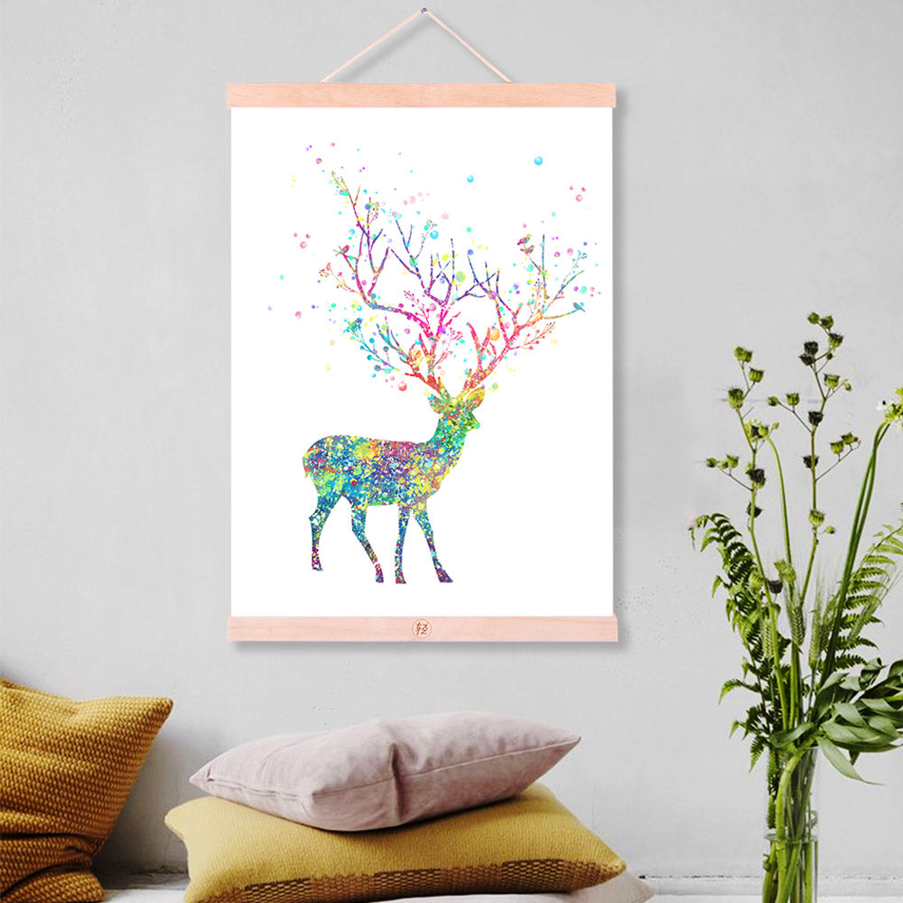 Modern Watercolor Abstract Dear Tree Bird Wooden Framed Canvas Paintings Girl Room Decor Wall Art Print Pictures Poster Scroll
