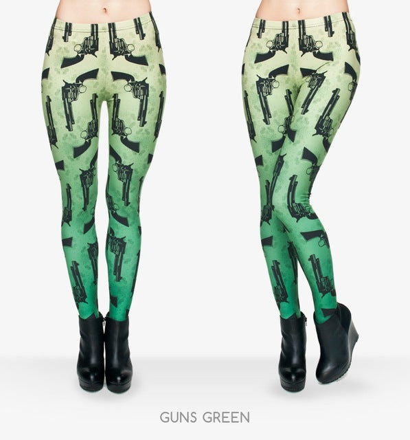 Guns Green 3D Full Printed Leggings Punk Women Legging Stretchy Trousers