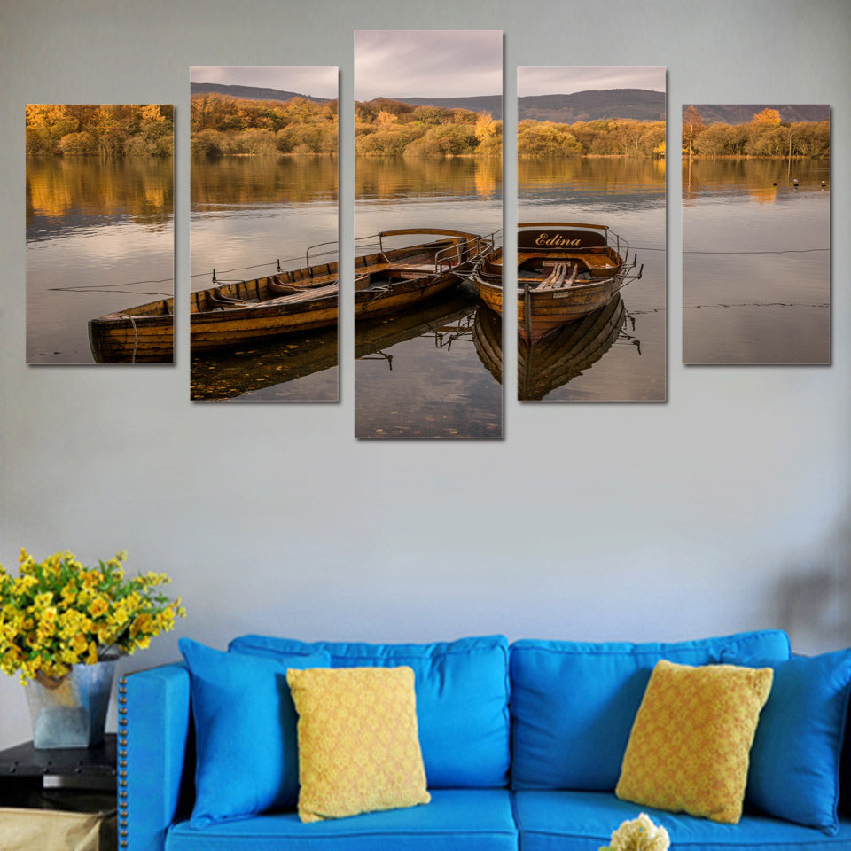 wall art canvas painting 5 piece HD Printed lake floating boat yellow forest sunset wall frames posters and prints ny-6126