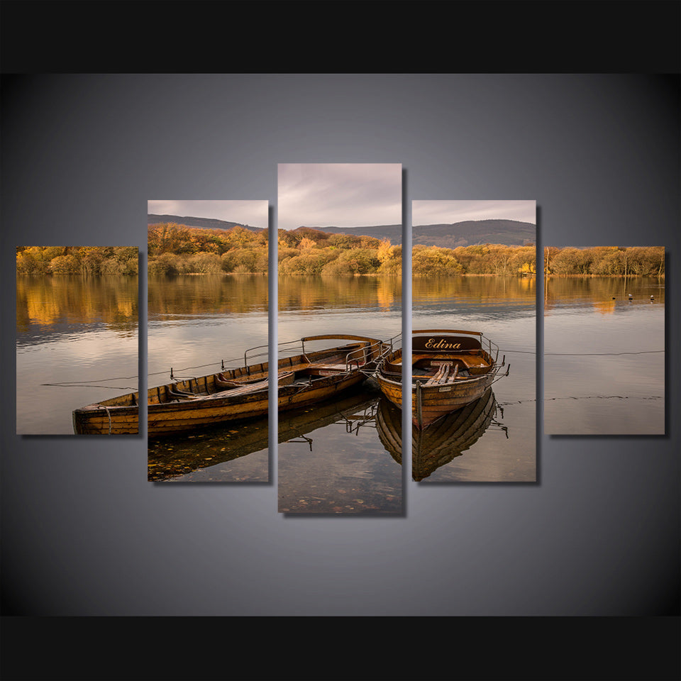 wall art canvas painting 5 piece HD Printed lake floating boat yellow forest sunset wall frames posters and prints ny-6126