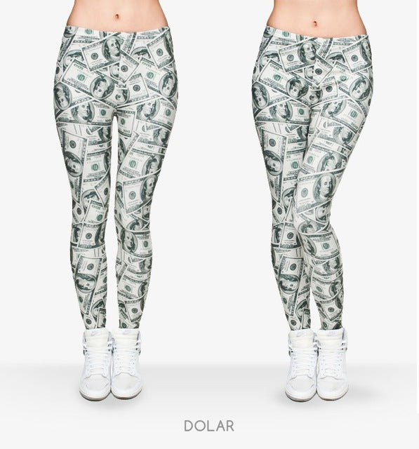 Women Money Dollar Graphic Full Printing Pants Legins Ladies Legging Stretchy Slim Fit Leggings