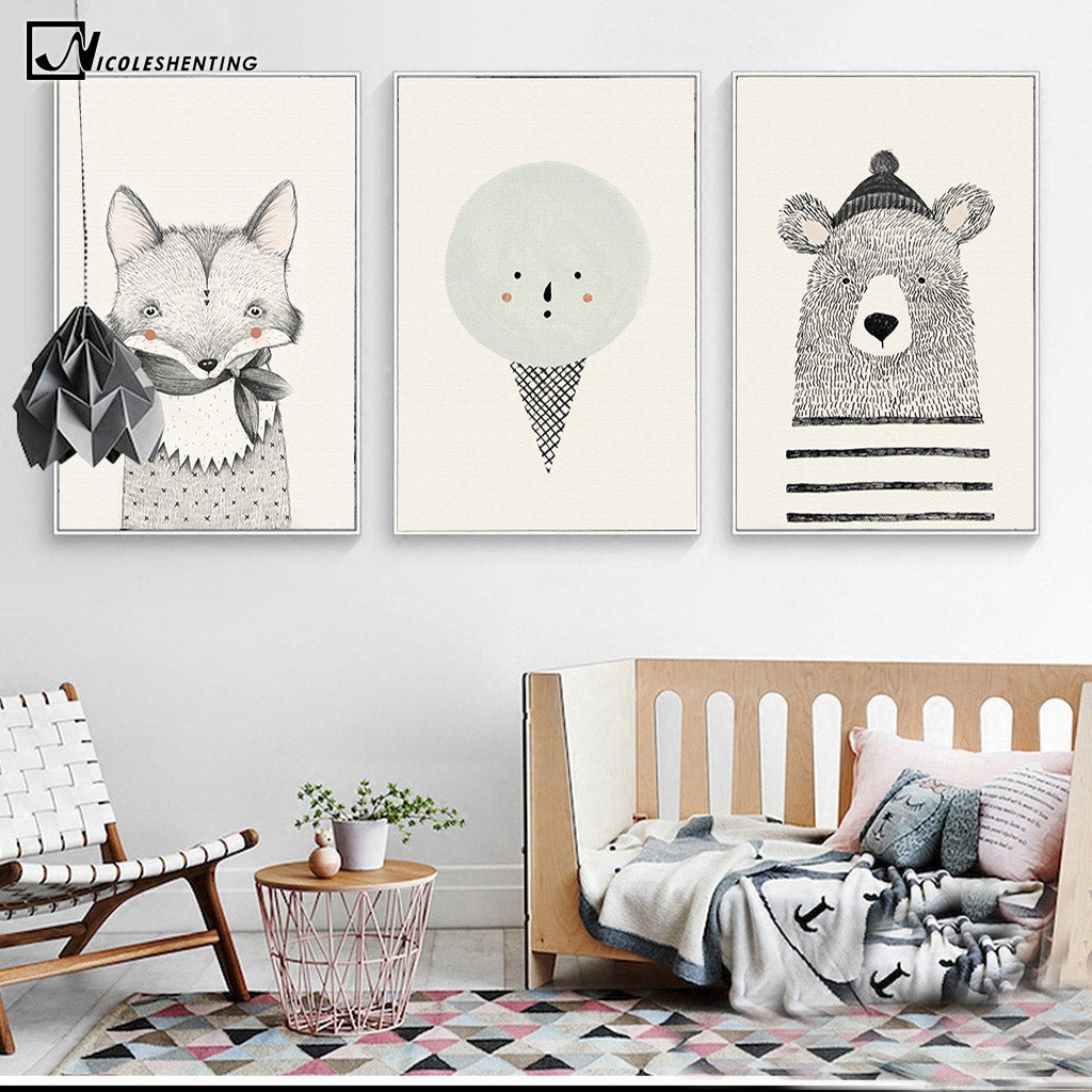 NICOLESHENTING Nordic Art Bear Fox Canvas Poster Painting Cartoon Animal Wall Picture Print Children Baby Room Decoration