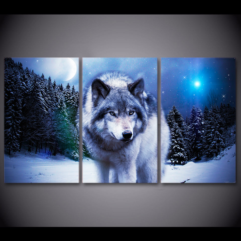 3 Pieces Canvas Art Paintings Printed Snow Wolf Moon Wall Art Print Canvas Paintings Home Decor For Living Room CU-1326C