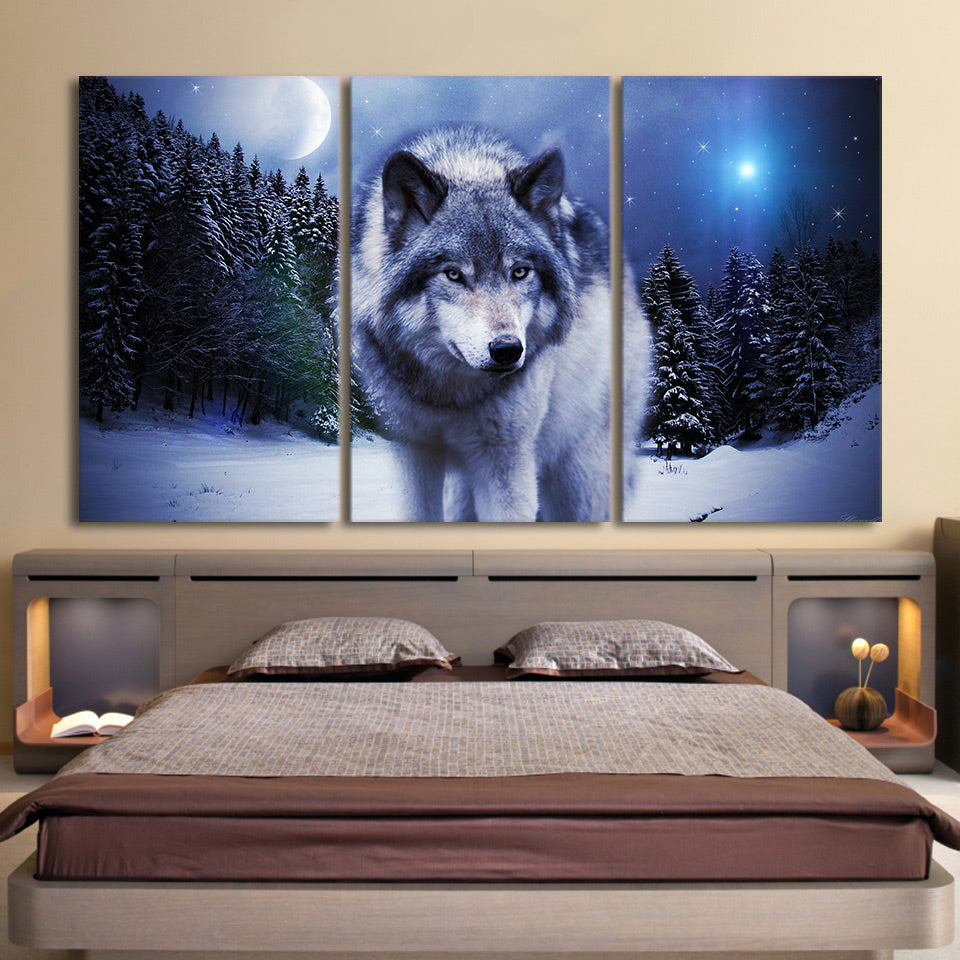 3 Pieces Canvas Art Paintings Printed Snow Wolf Moon Wall Art Print Canvas Paintings Home Decor For Living Room CU-1326C