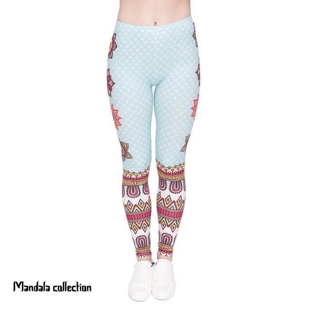 Women Legging Mandala and White Dots Printing Fashion Bottoms Slim High Waist Leggings Fitness