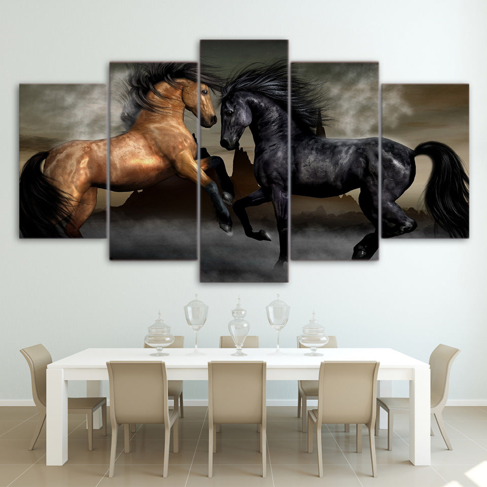 HD Printed 5 piece canvas art black brown horse painting wall pictures for living room wall art Free shipping/ny-2946