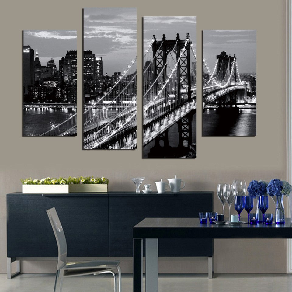Hot Sale 4 Pieces Modern Wall Painting New York Brooklyn Bridge Home Decorative Black And White Art Picture Prints On Canvas