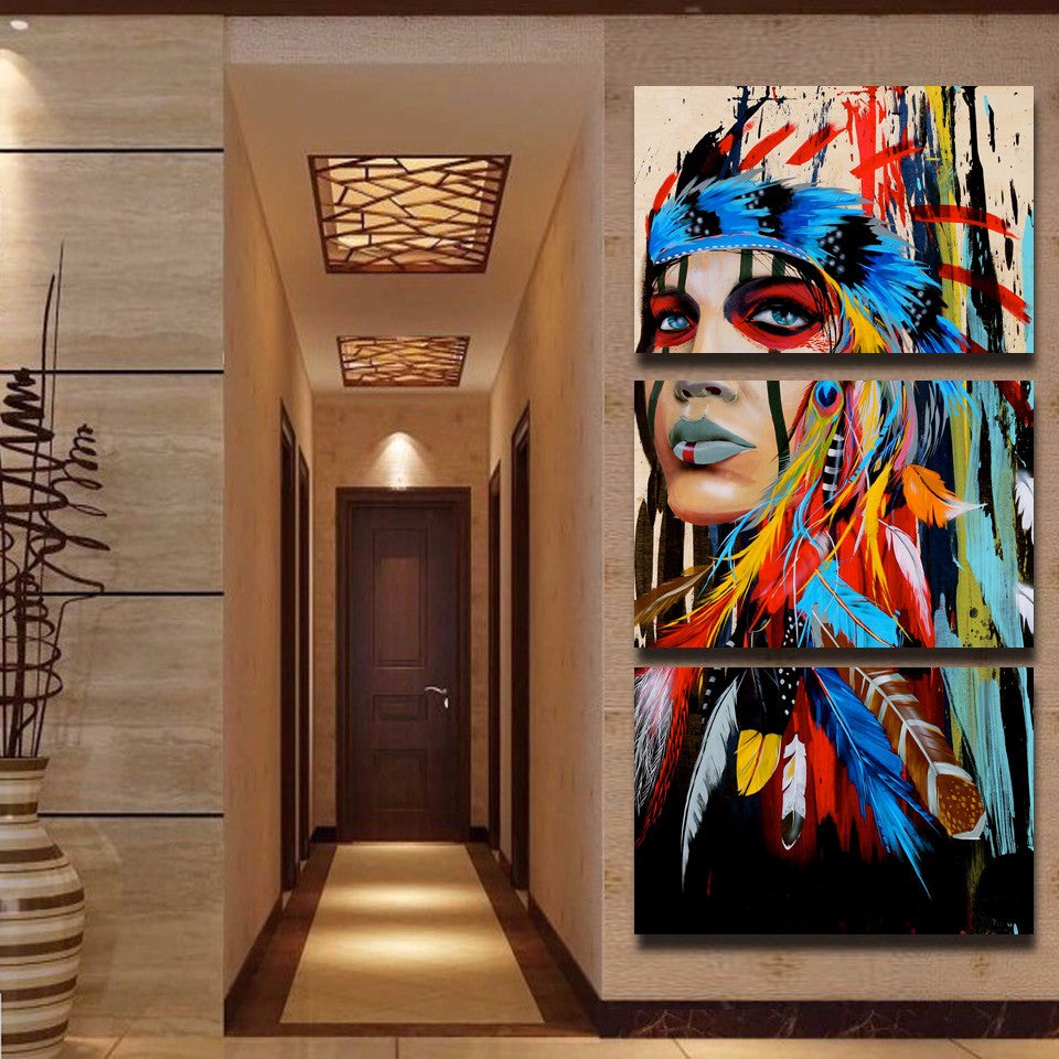 HD printed 3 piece canvas art native American Indian art Painting feathered wall pictures for living room Free shipping/NY-5786
