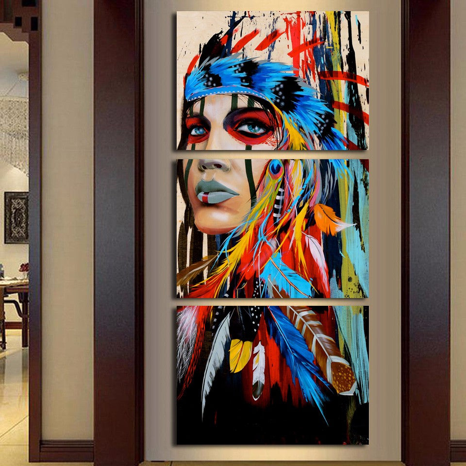 HD printed 3 piece canvas art native American Indian art Painting feathered wall pictures for living room Free shipping/NY-5786