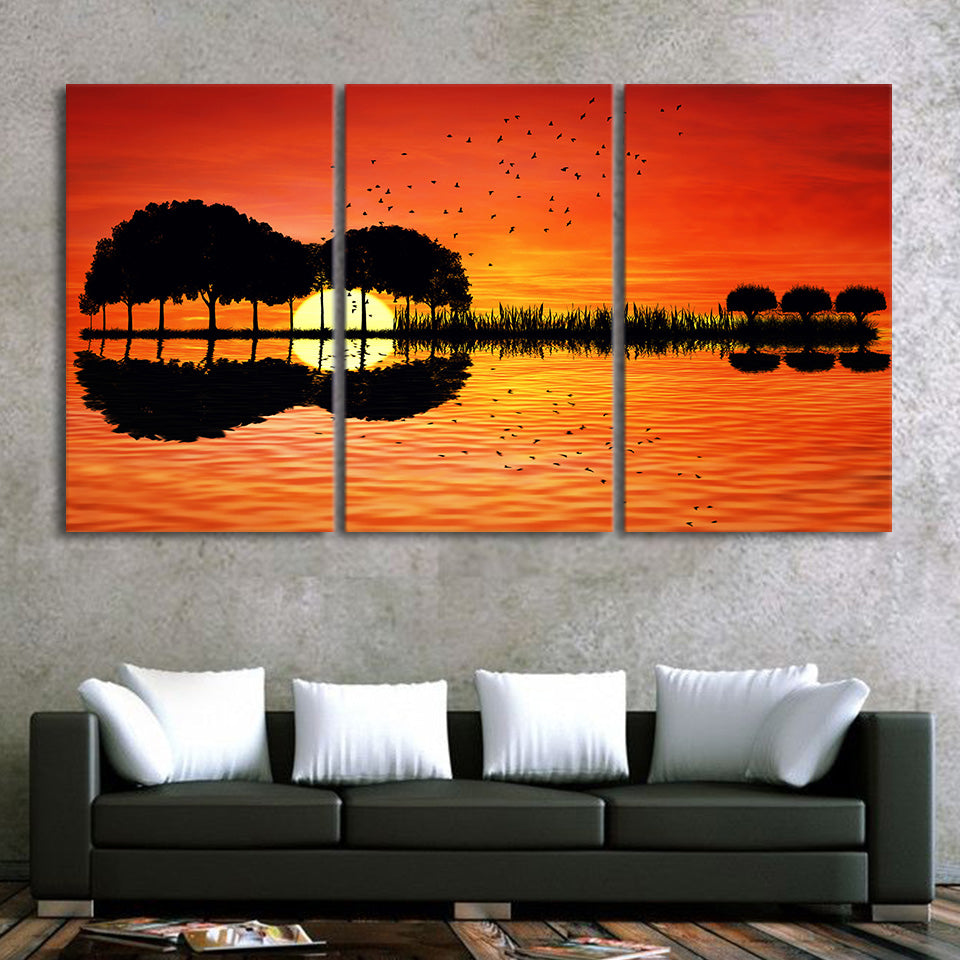 3 piece canvas wall art HD Printed guitar tree lake sunset Painting room decor print poster picture Free shipping/CU-1311B
