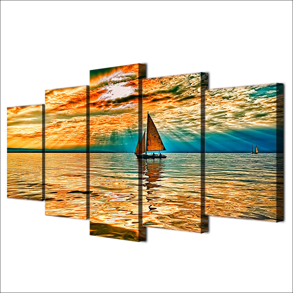 HD Printed 5 piece canvas art sky clouds sun rays lake sailboat Painting Canvas Print room decor print Free shipping/NY-5915