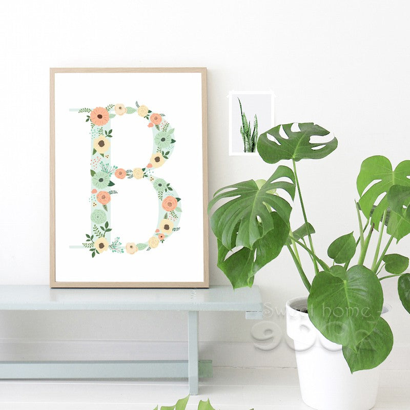 Floral monogram nursery Letter "B" Art Print Art Print painting Poster, Wall Pictures for Home Decoration Wall Decor, FA239-2