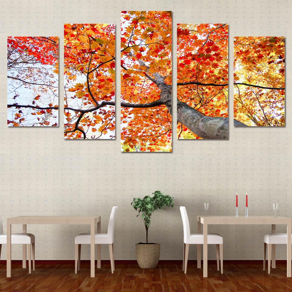 HD Printed 5 piece canvas art painting maple tree red yellow leaves canvas pictures for living room  ny-6021