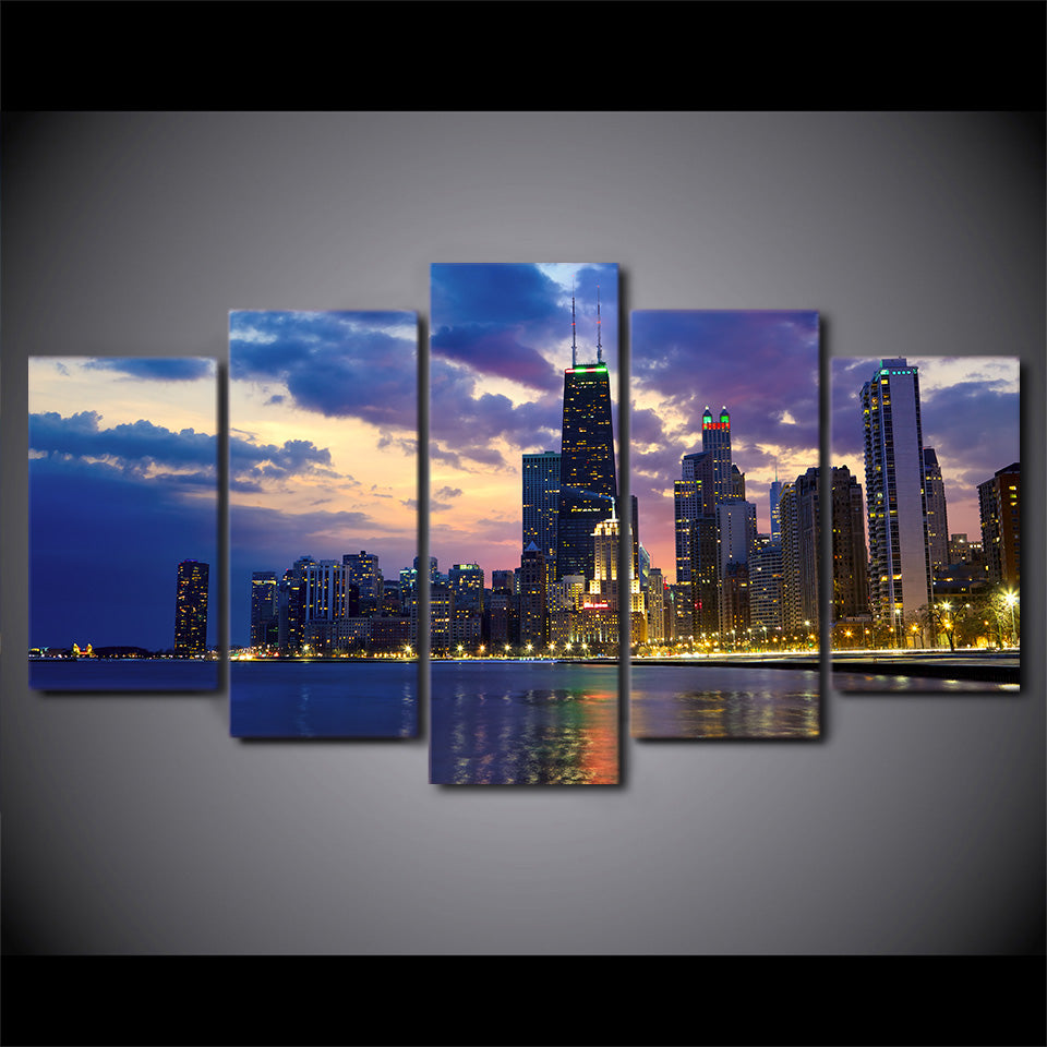 5 pieces canvas art busy city chicago evening poster canvas painting wall pictures for living room home decor CU-1457C