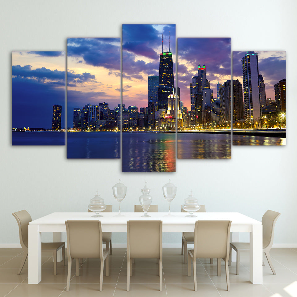 5 pieces canvas art busy city chicago evening poster canvas painting wall pictures for living room home decor CU-1457C