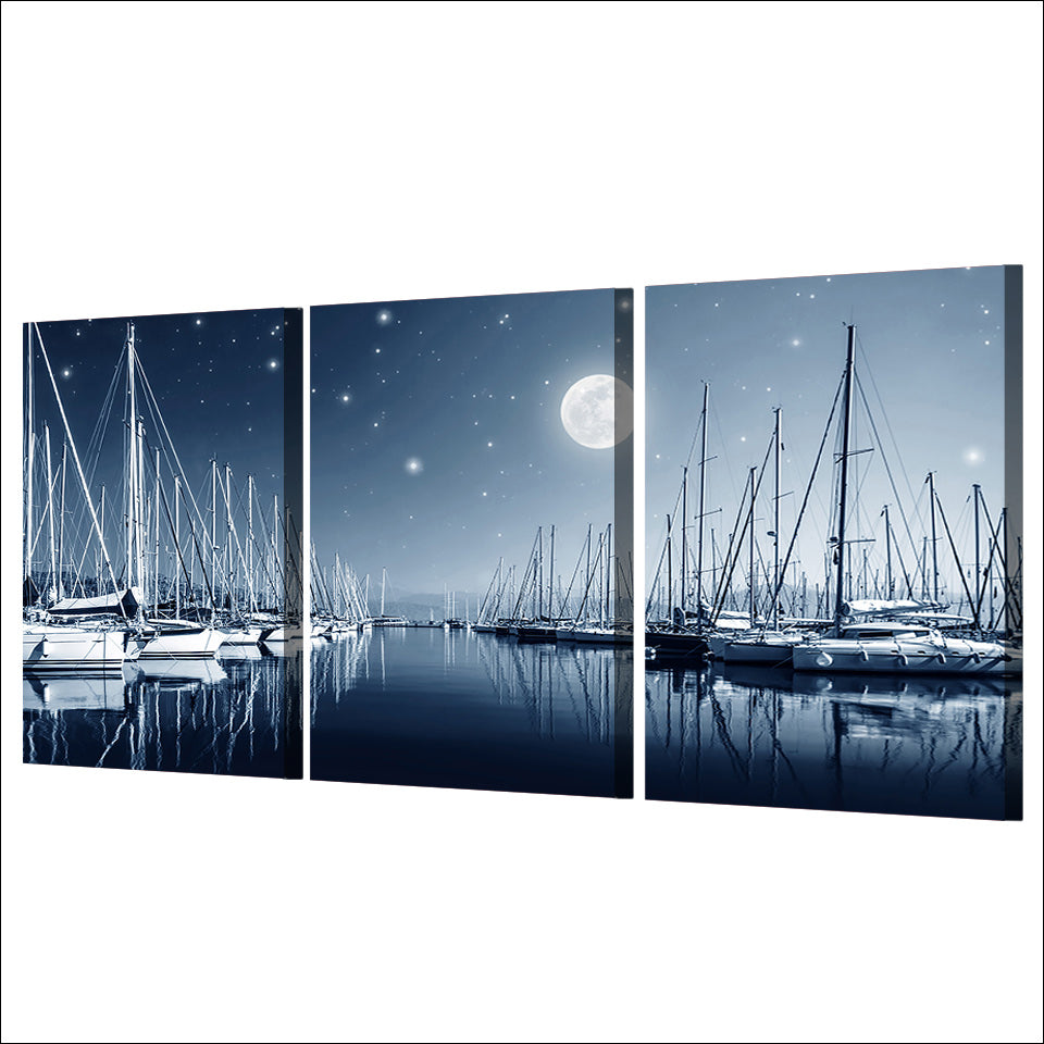 3 Panel Canvas Art Sailboats Moon Night Canvas Painting Wall Art Canvas Poster and Print Wall Pictures for Living Room ny-6636D